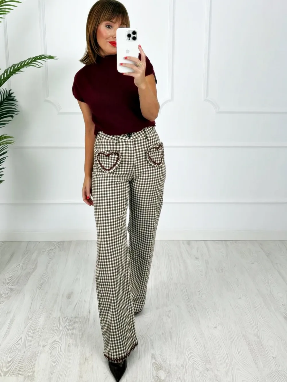 Pantalón cuadros corazones chocolate