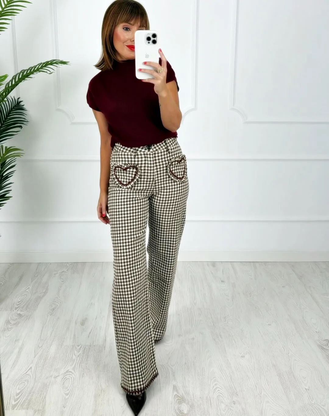 Pantalón cuadros corazones chocolate