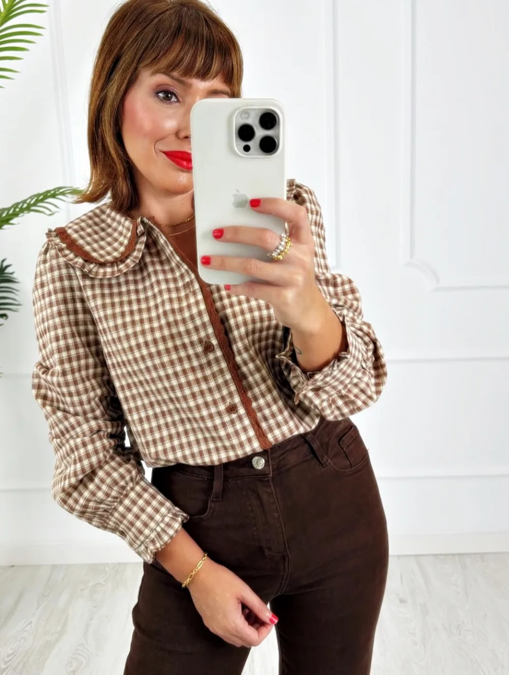 Camisa cuadros puntilla camel