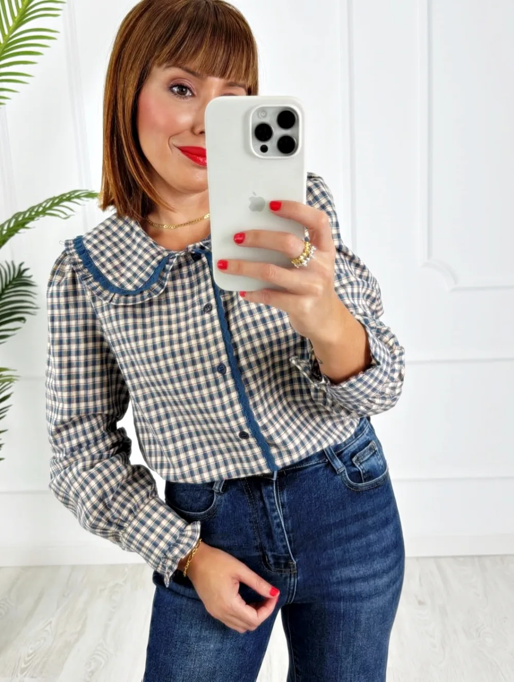 Camisa cuadros puntilla azul