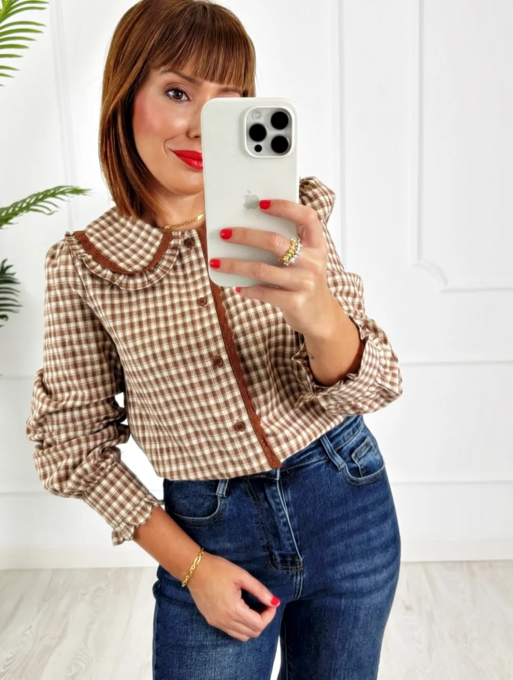 Camisa cuadros puntilla camel