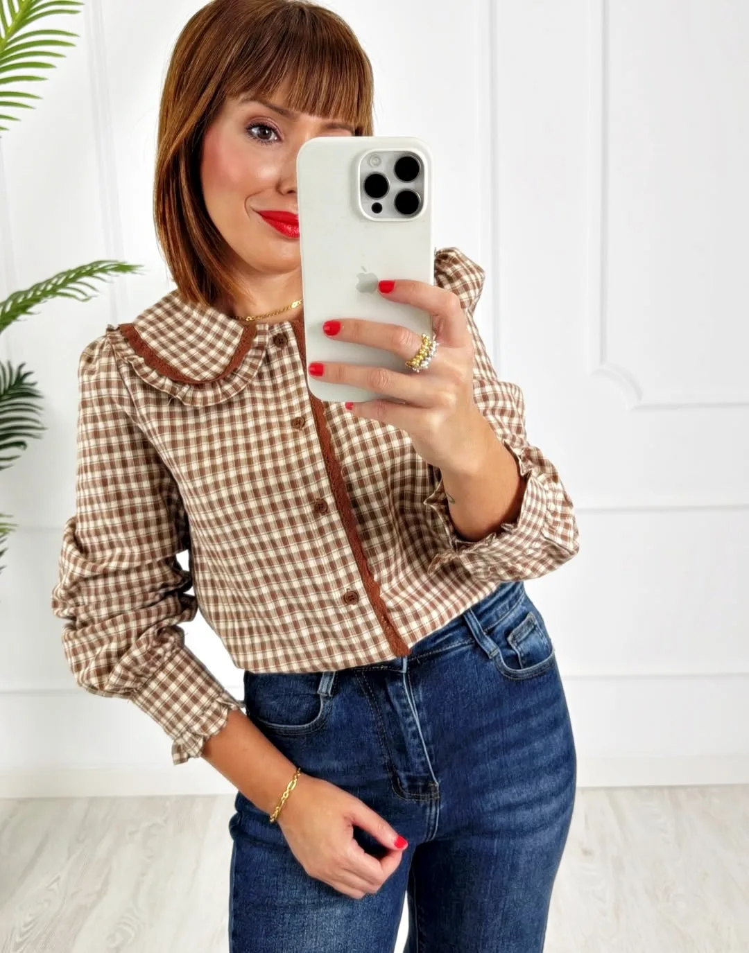 Camisa cuadros puntilla camel