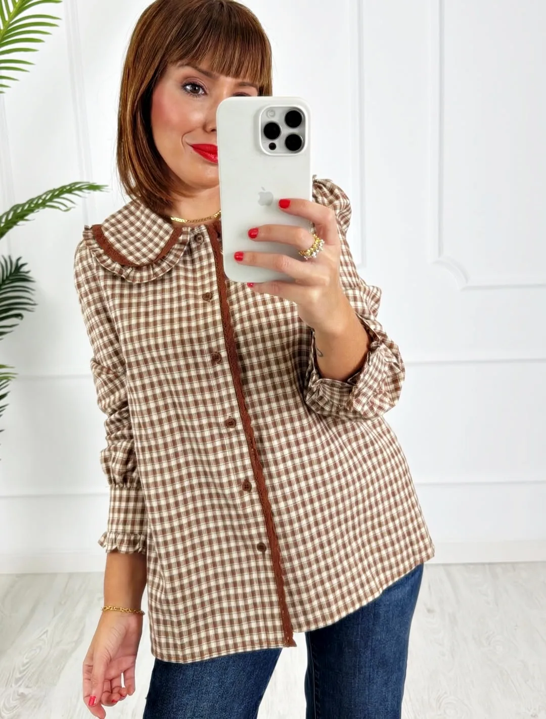 Camisa cuadros puntilla camel - Imagen 2