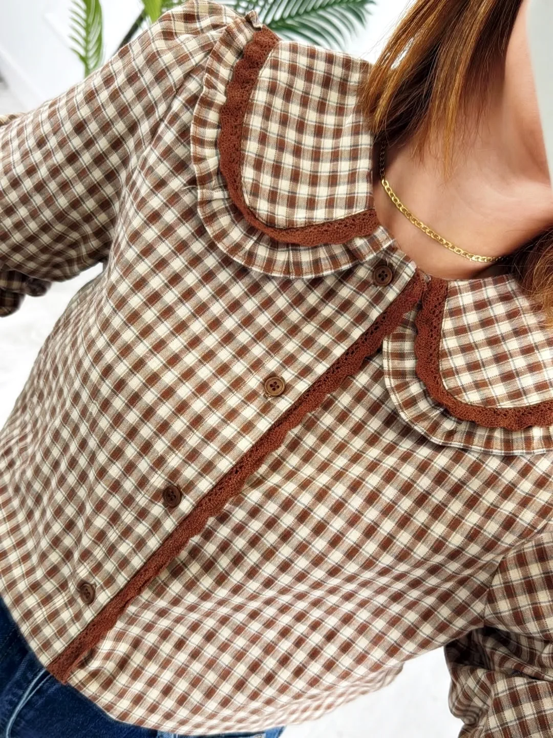 Camisa cuadros puntilla camel - Imagen 3