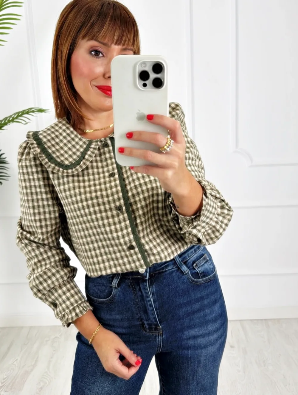 Camisa cuadros puntilla verde