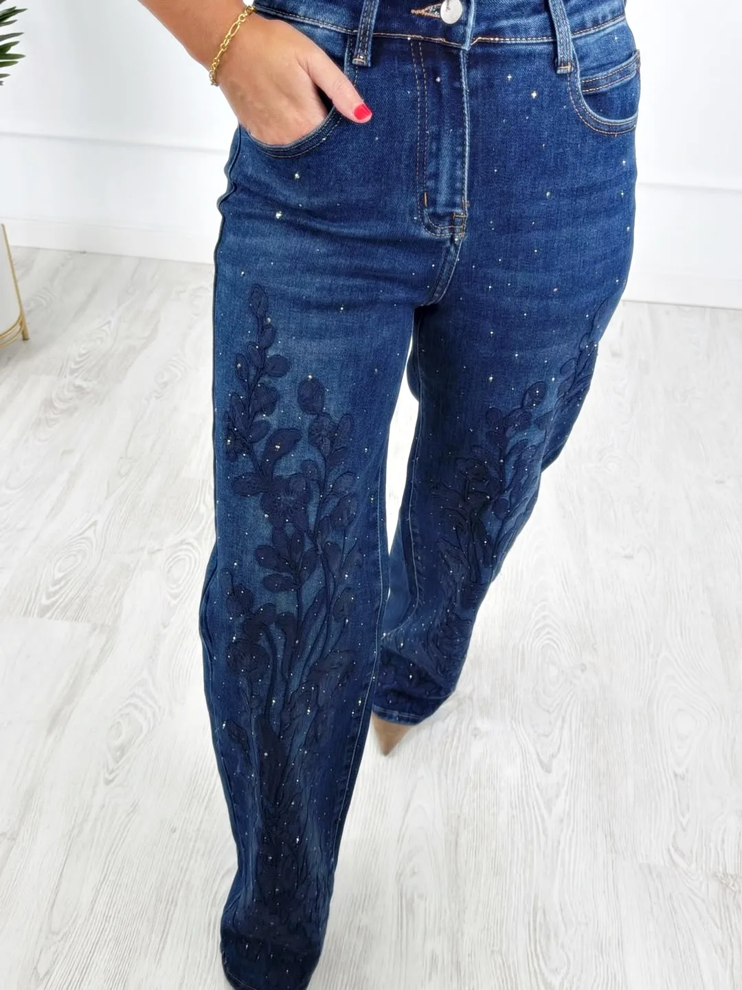 Pantalón denim bordados strass - Imagen 3