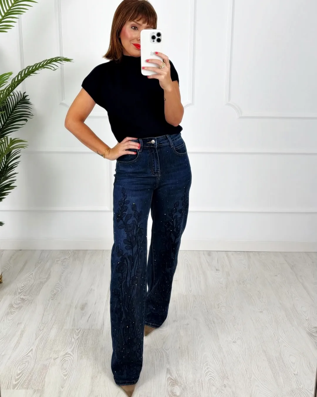 Pantalón denim bordados strass - Imagen 2