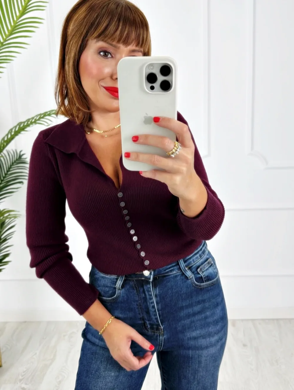Chaqueta polo botones berenjena