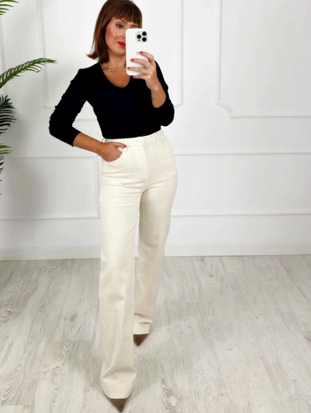 Pantalón denim wide crudo