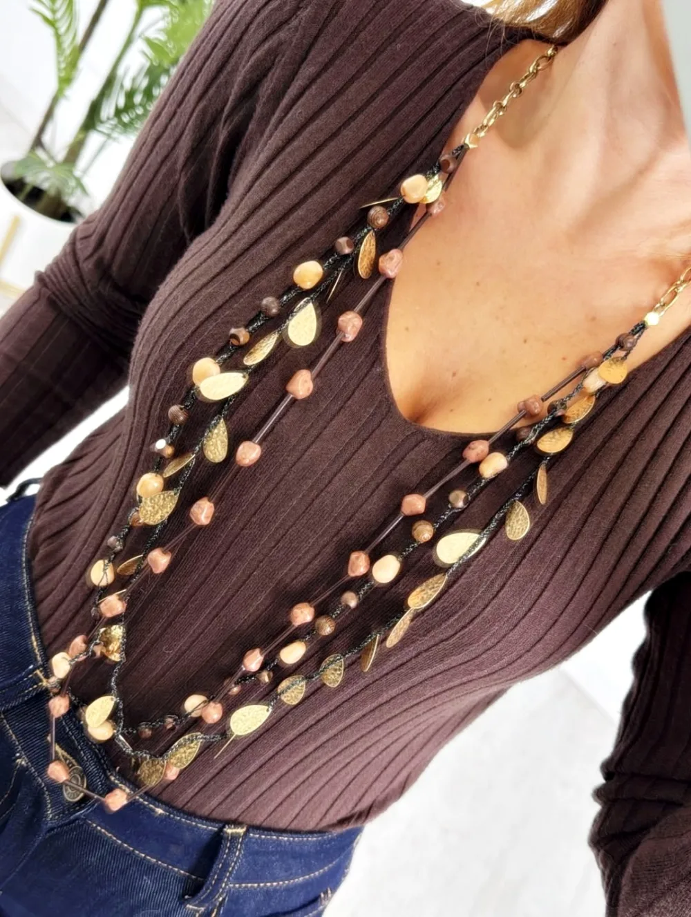 Collar triple largo tonos marrones